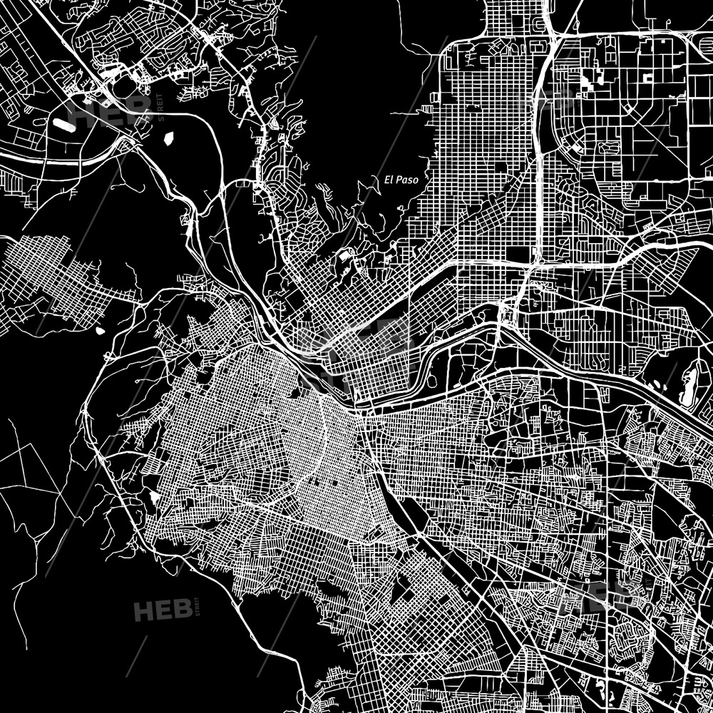 1000x1000 El Paso, Texas, Downtown Map, Dark Hebstreits Sketches