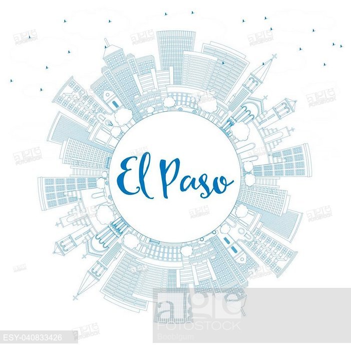 701x700 Outline El Paso Skyline With Blue Buildings And Copy Space, Stock