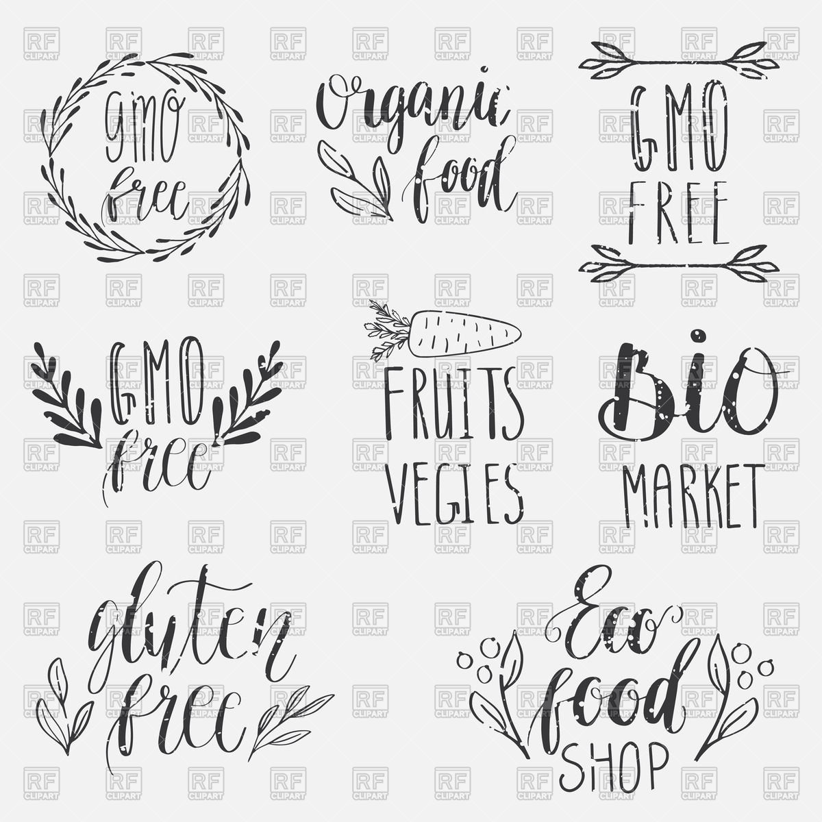 1200x1200 Eco, Nature, Vegan, Bio Food Logos Handwritten Lettering Vector