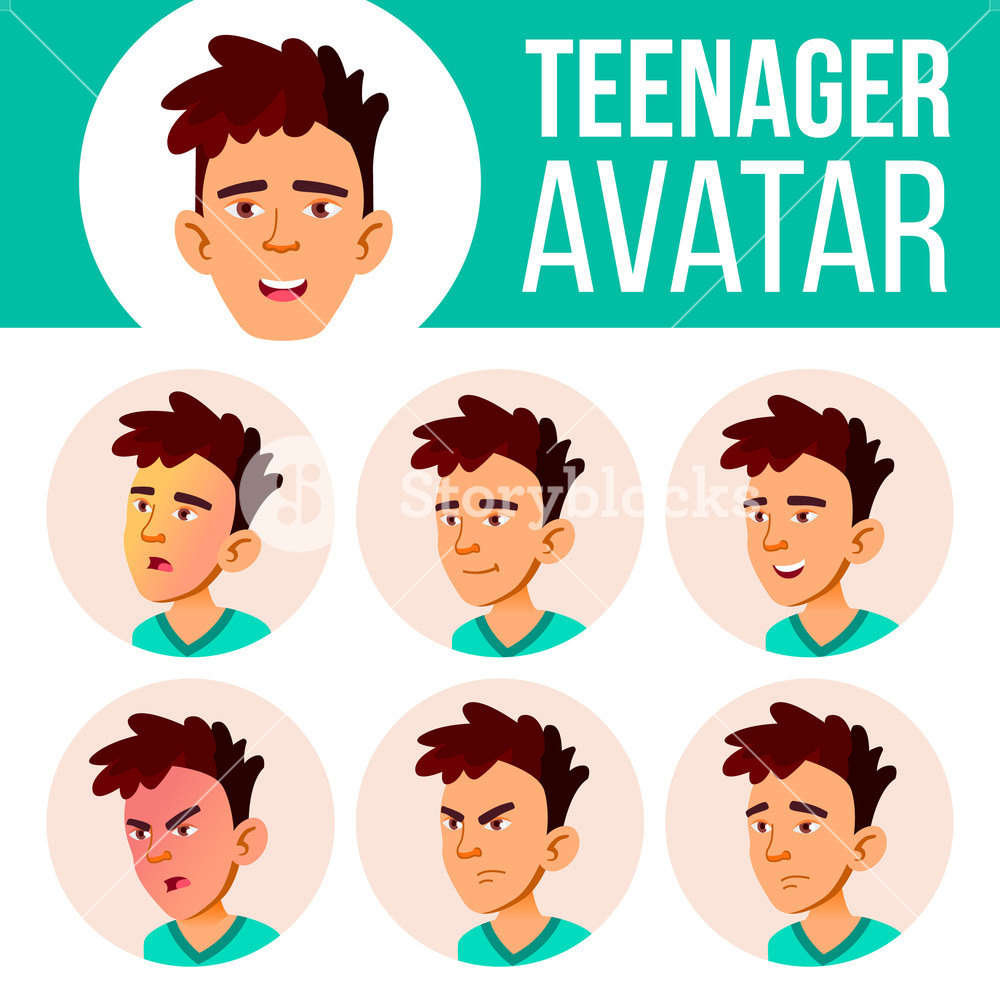 1000x1000 Asian Teen Boy Avatar Set Vector Face Emotions Flat, Portrait