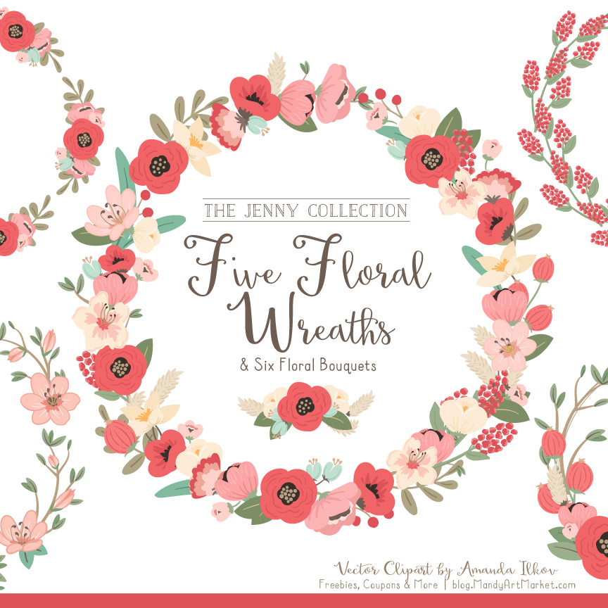 864x864 Mint Coral Jenny Pretty Floral Wreath Clipart Vectors