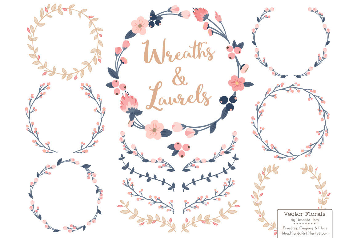 1160x772 Vector Floral Wreath Laurels In Navy Blush
