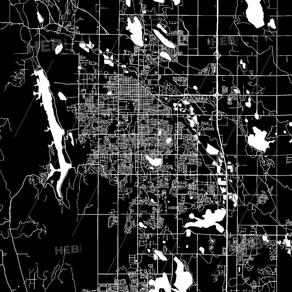 1000x1000 Fort Collins, Colorado, Downtown Map, Dark Hebstreits Sketches