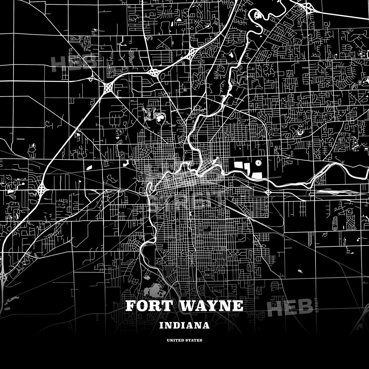 1280x1280 Black Map Poster Template Of Fort Wayne, Indiana, Usa Maps