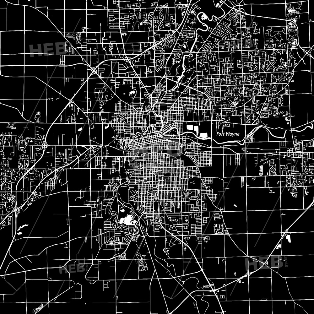 1000x1000 Fort Wayne, Indiana, Downtown Map, Dark Hebstreits Sketches