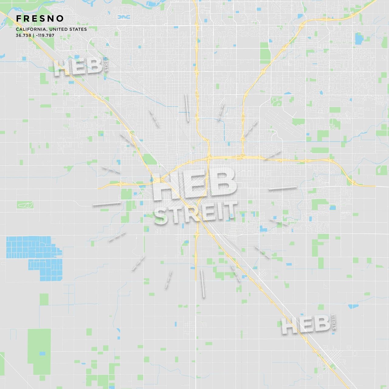 1280x1280 Printable Street Map Of Fresno, California Maps Vector Downloads