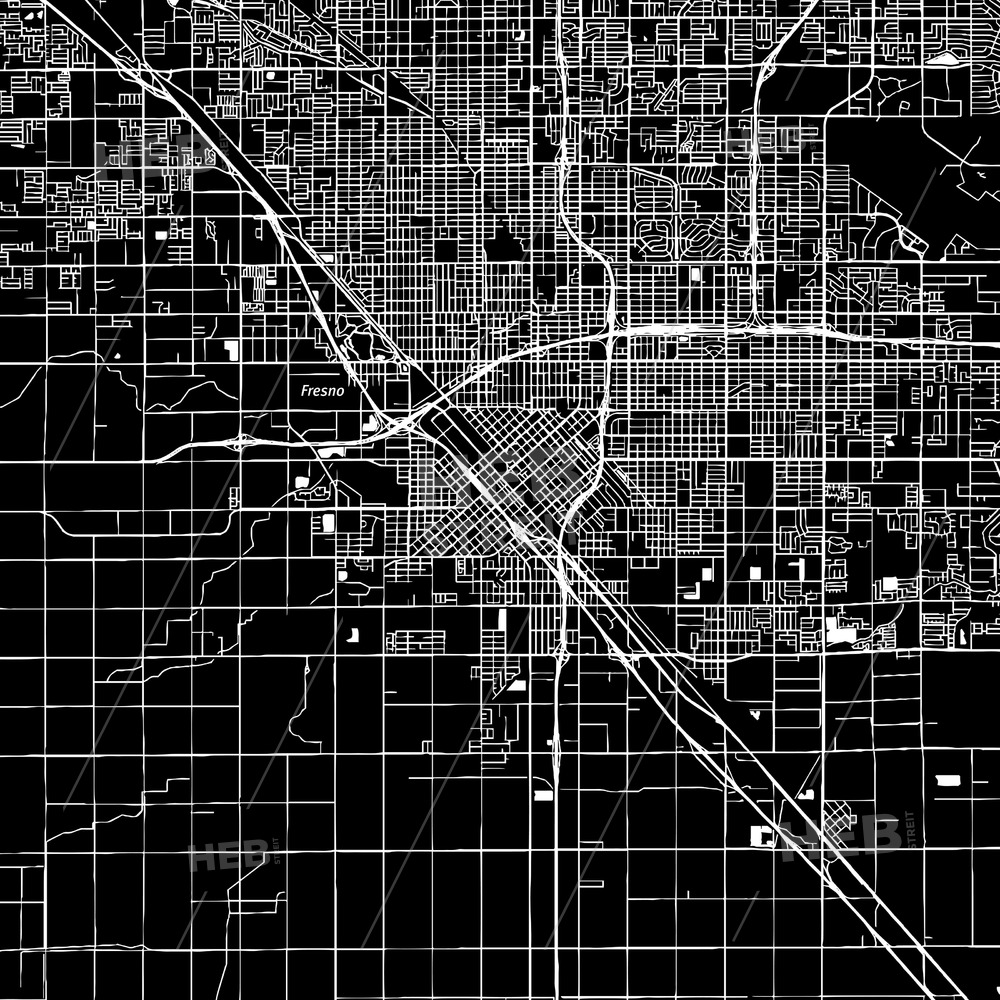 1000x1000 Fresno, California, Downtown Map, Dark Hebstreits Sketches