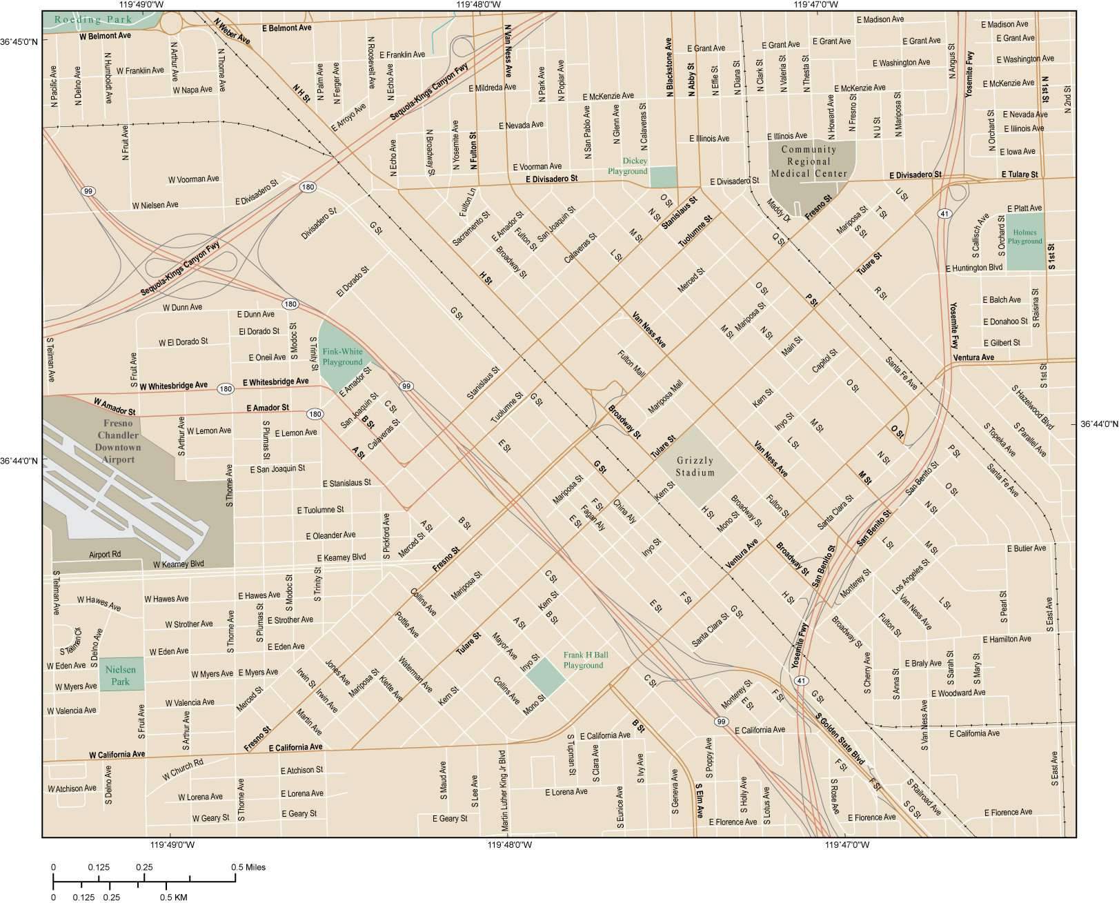 1622x1309 Fresno Map With Local Streets In Adobe Illustrator Vector Format
