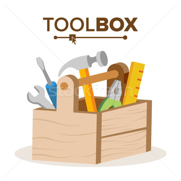 600x600 Wooden Classic Toolbox Vector Full Of Equipment Flat Cartoon