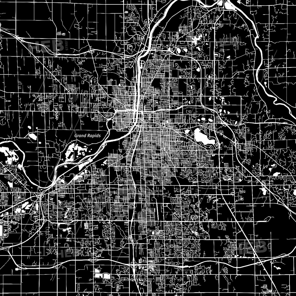1000x1000 Grand Rapids, Michigan, Downtown Map, Dark Hebstreits Sketches