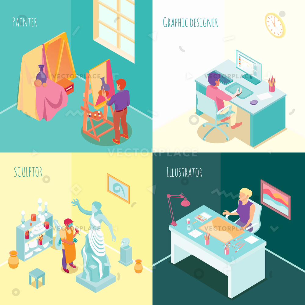 Artist Work Concept Isometric Set Sculptor Vector Illustration 1000x1000 Artist Work Concept Isometric Set Sculptor Vector Illustration