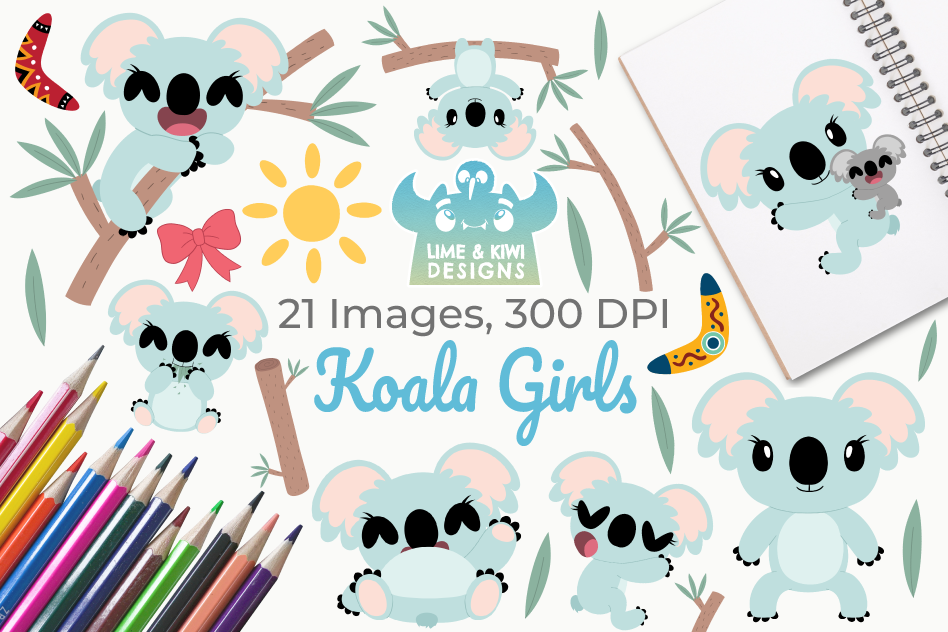 948x632 Koala Girls Clipart, Instant Download Vector Art