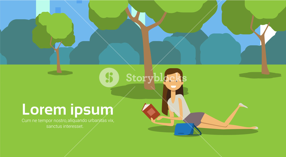 1000x550 City Park Woman Lies Green Grass Reading Book Trees Cityscape