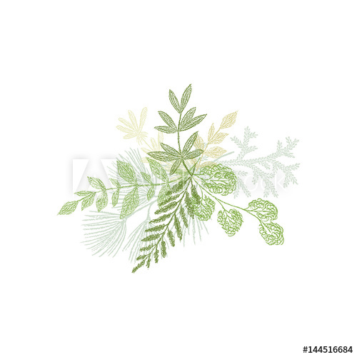 500x500 Green Floral Hand Drawn Composition, Scribble Plant Leaves Vector