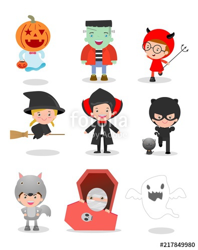 395x500 Halloween Kids Costume Party On White Background, Group Of Child