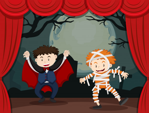 626x474 Two Boys In Halloween Costume On Stage Vector Free Download