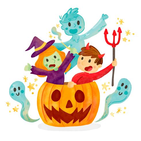 490x490 Cute Kids With Halloween Costume Inside Pumpkin Vector