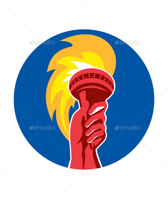 590x700 Hand Holding Burning Flaming Torch Circle Retro Sport Vector
