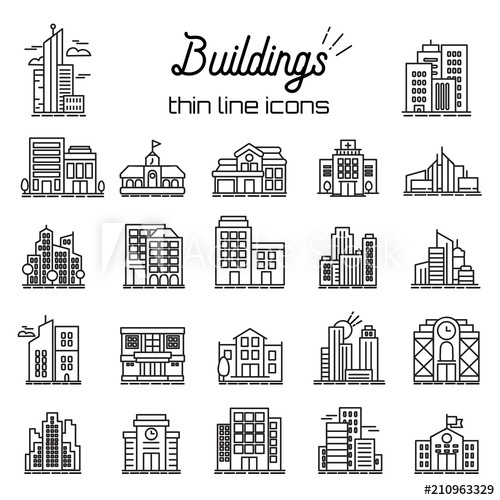 500x500 Building Icons Set City, Headquarters And Buildings Line Vector