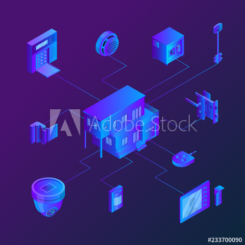 500x500 House With Connected Home Security Systems Vector Isometric