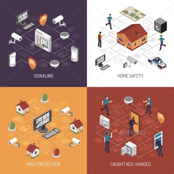 590x590 Home Security Isometric Icons Square Vectors Design Banner