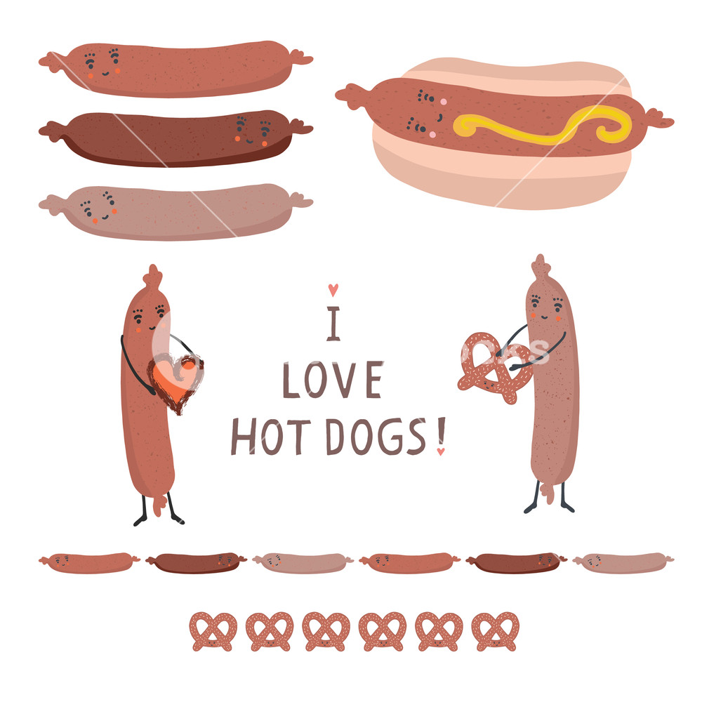 1000x1000 Cute Vector Hot Dog Bun With Love Heart, Pretzel Cartoon