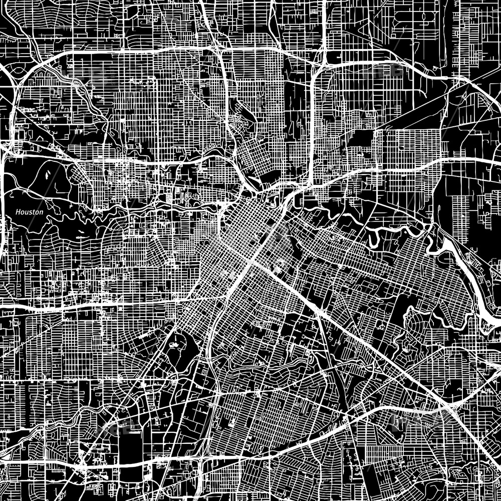1000x1000 Houston, Texas, Downtown Map, Dark Hebstreits Sketches