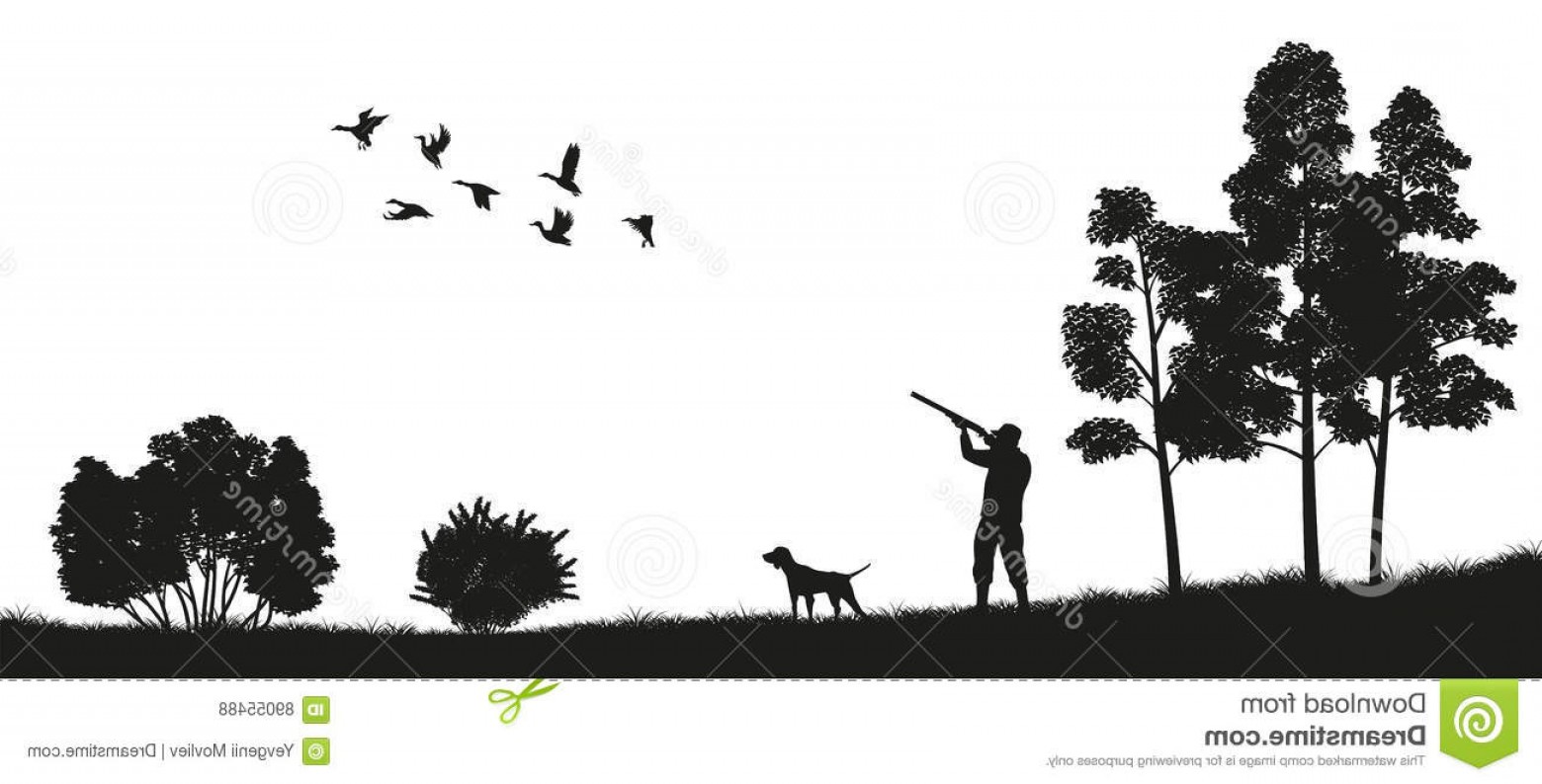 1560x794 Stock Illustration Black Silhouette Hunter Dog Forest Duck Hunting