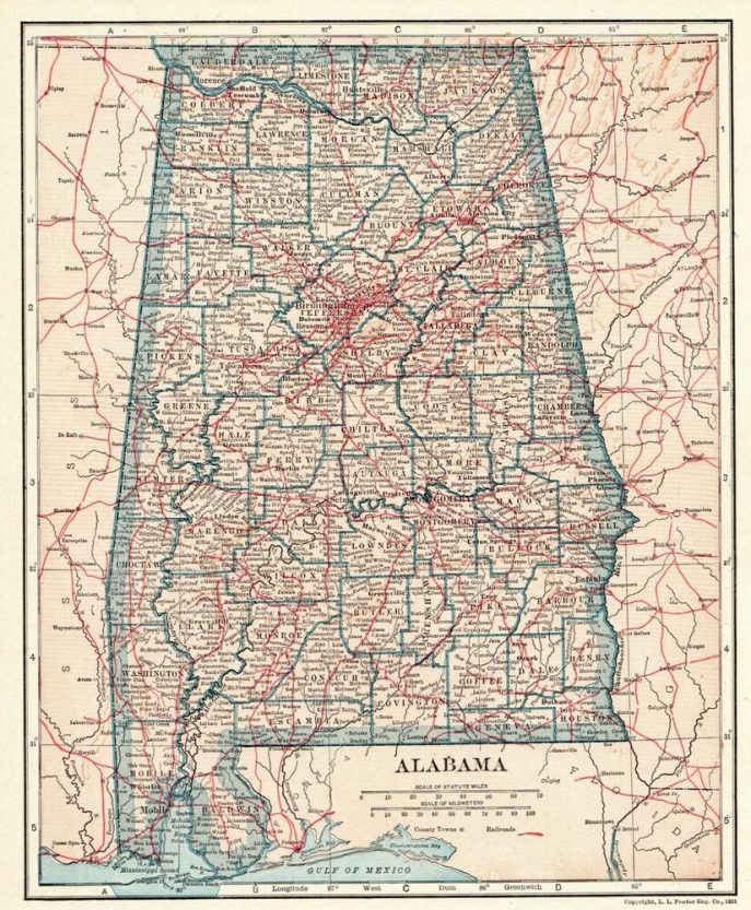 687x833 Us Map Antique Alabama Map State Original United States