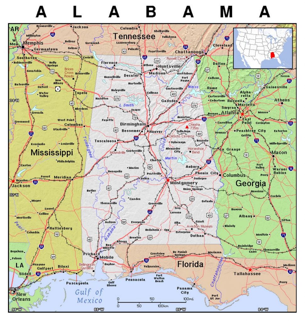 970x1021 Us Map Detailed Map Alabama State Relief Usa United States