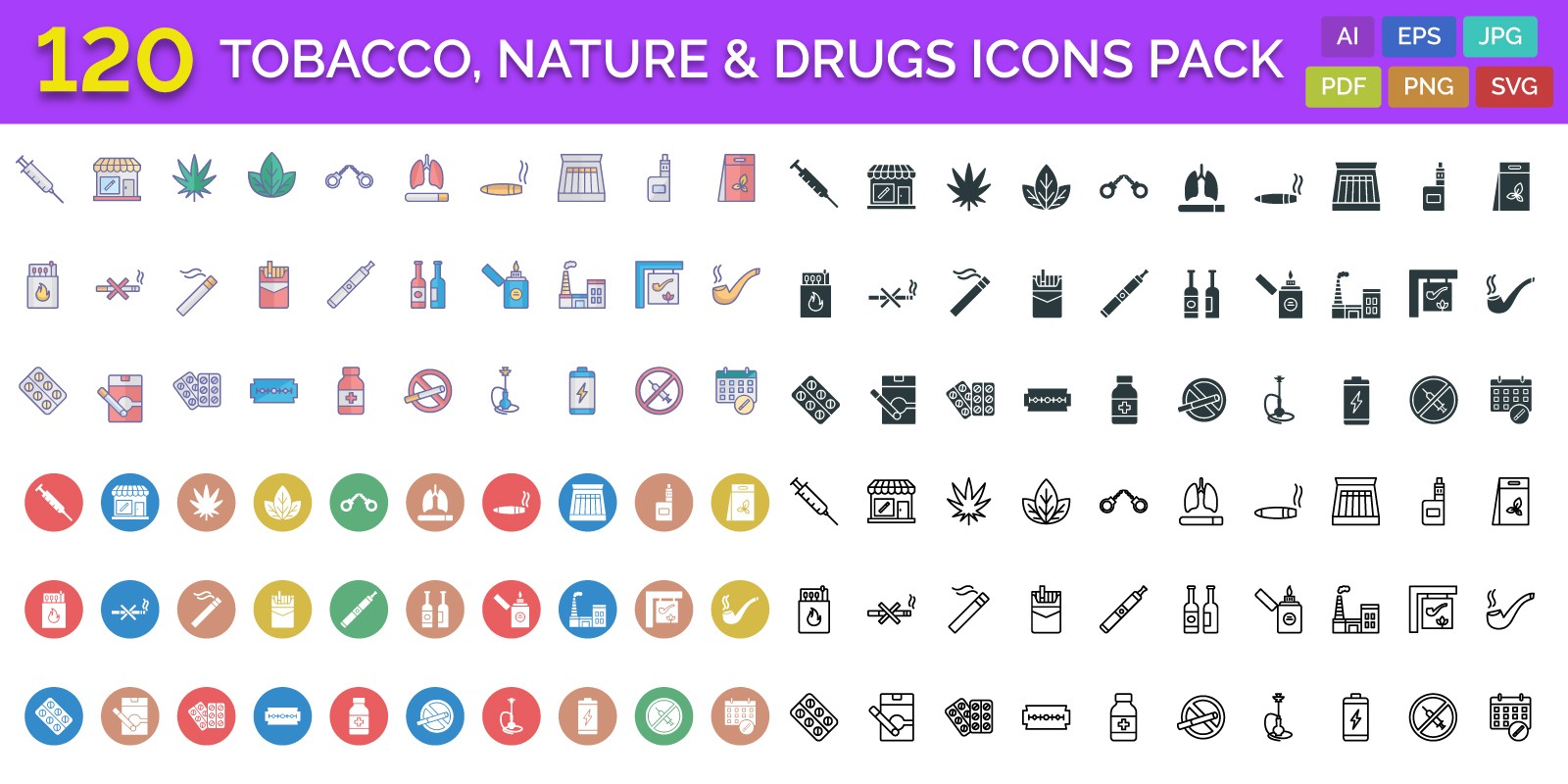 Tobacco Nature And Drugs Vector Icons Pack Codester 1600x800 Tobacco Nature And Drugs Vector Icons Pack Codester