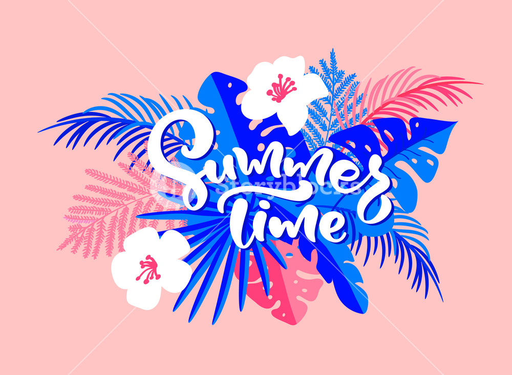 1000x733 Text Summer Time In Floral Tropical Palm Leaves Background Hand