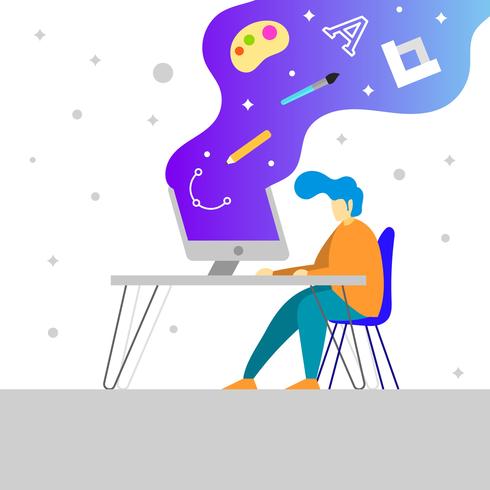 490x490 Flat Graphic Designer With Creative Software Vector Illustration