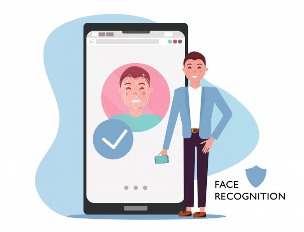 626x478 Face Id Concept Man With Mobile Phone, Male Face On Big