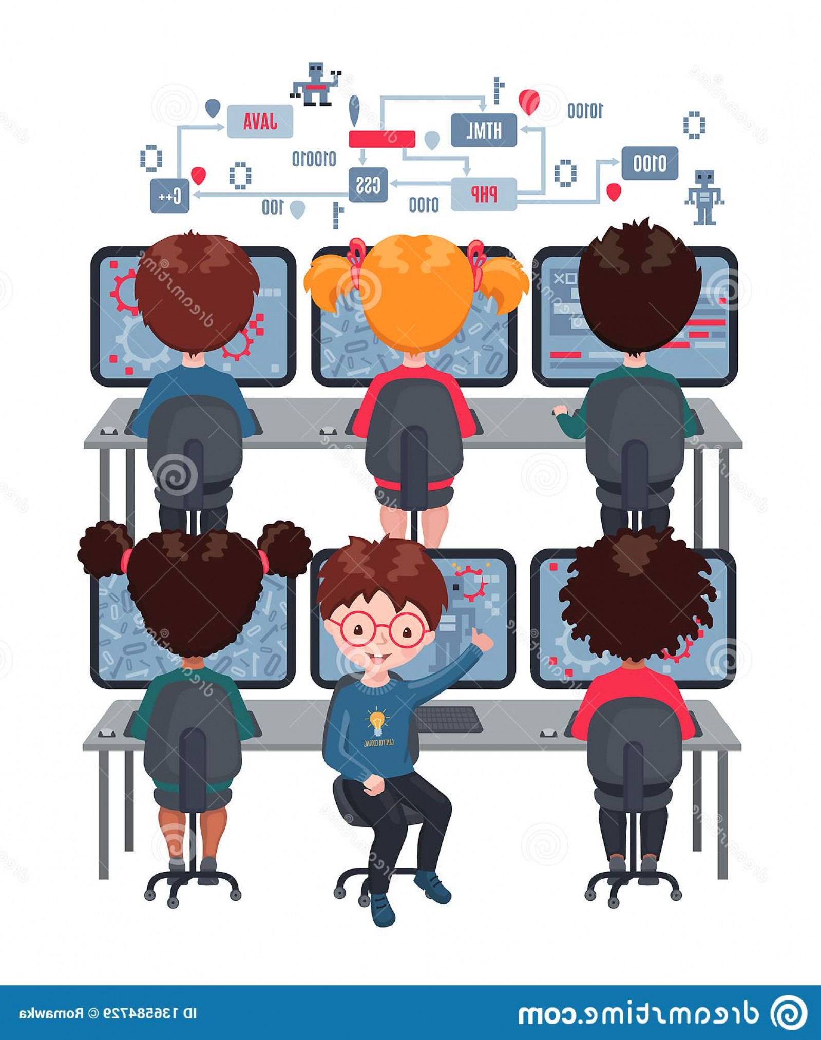 1599x2026 Kids Learn Coding Laptops School Concept Informatics Lesson Vector