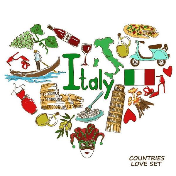 600x600 Italy Country Elements With Heart Shape Vector Free Download
