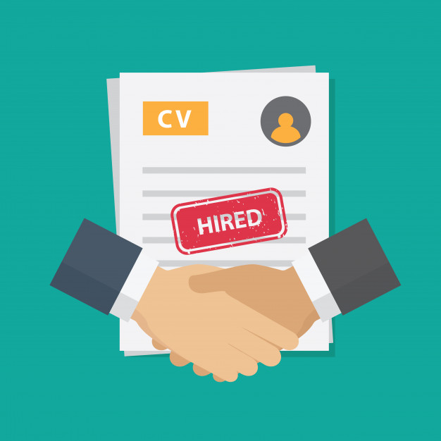 626x626 Business Handshake And Job Application With Hired Stamp Vector