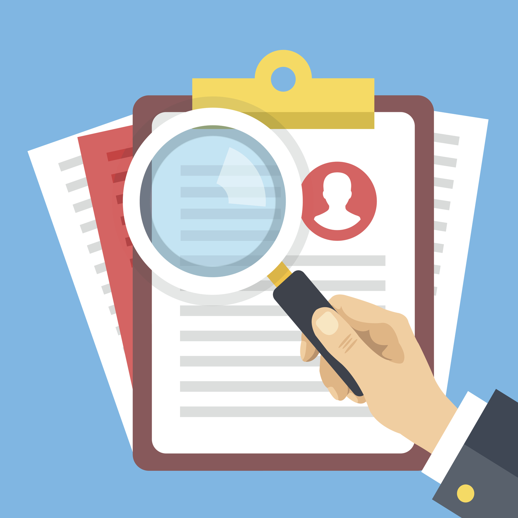 1732x1732 Clipboard With Job Candidate Profile, Hand Holding Magnifying