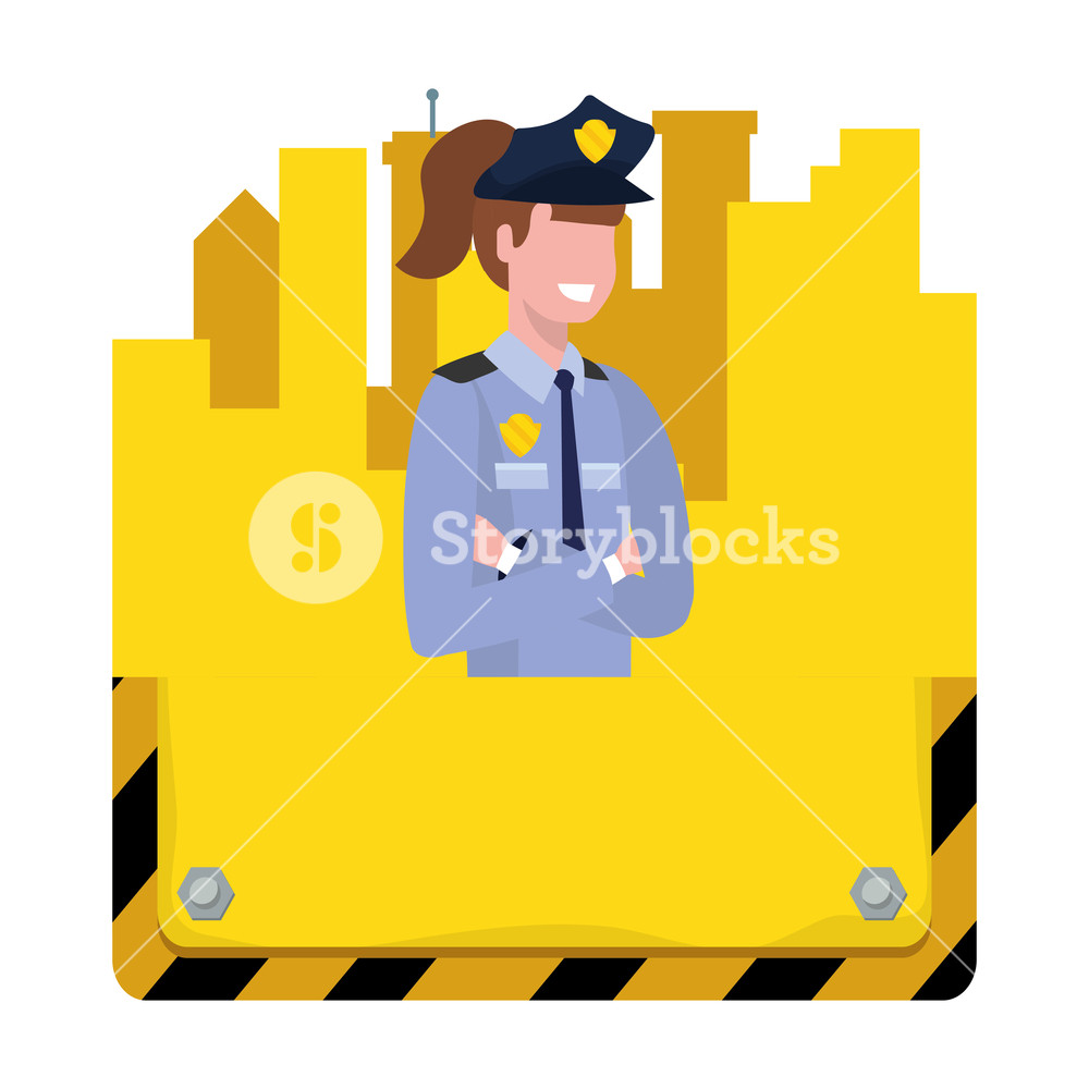 1000x1000 Labor Day Job Career Police Woman With Buildings Sign Cartoon