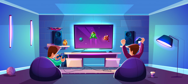 626x281 Vector Sala De Juegos Con Gente Jugando Entretenimiento Digital
