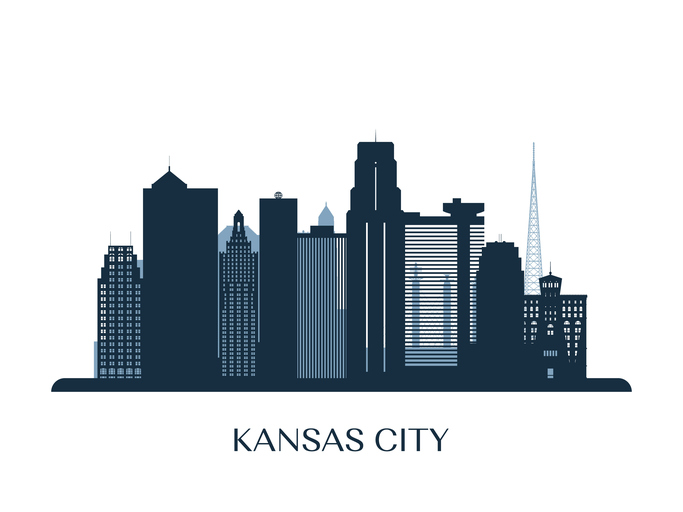 683x512 Kansas City Skyline, Monochrome Silhouette Vector Illustration