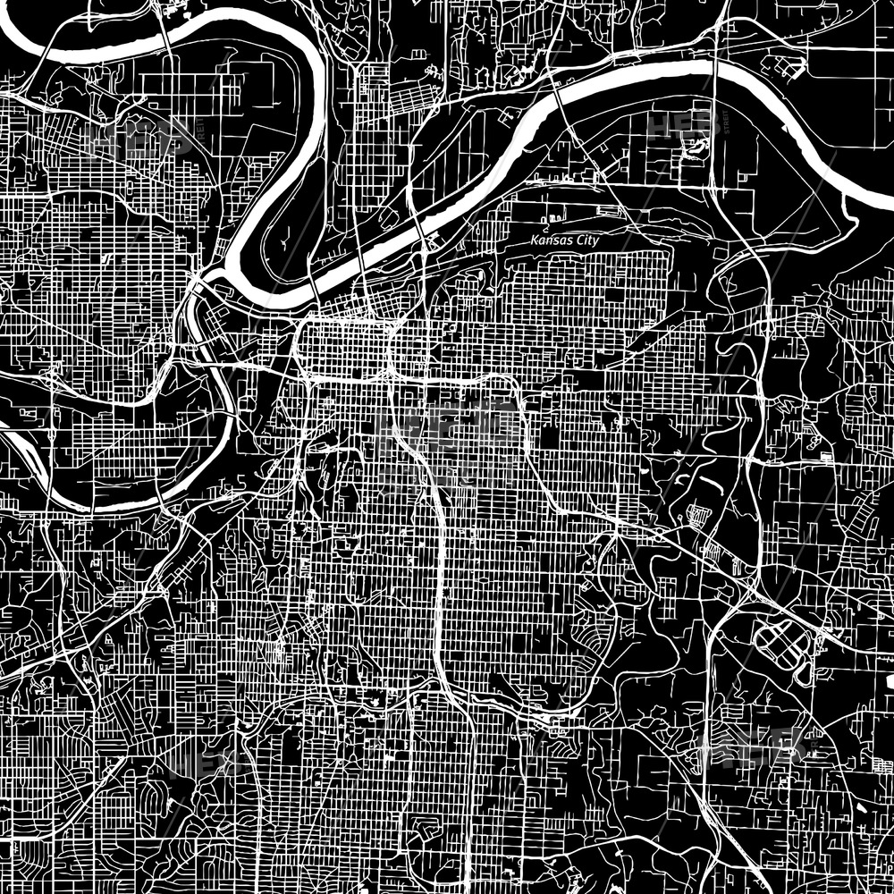 1000x1000 Kansas City, Missouri, Downtown Map, Dark Hebstreits Sketches