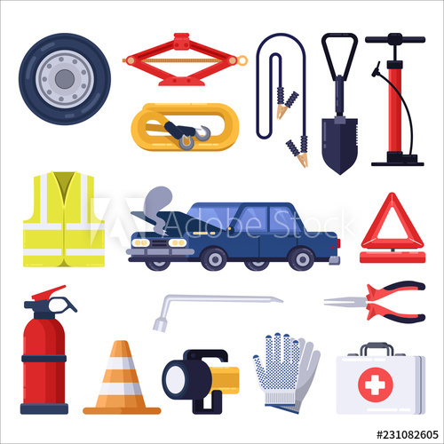 500x500 Automobile Road Emergency Kit Car Repair And Safety Tools Vector