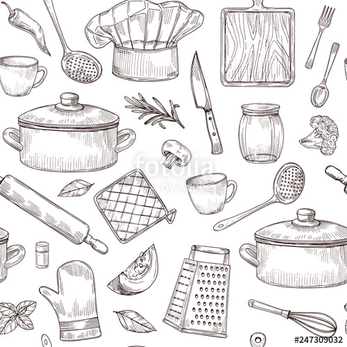 500x500 Kitchen Tools Seamless Pattern Sketch Cooking Utensils Hand Drawn