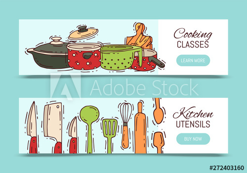 500x350 Cooking Classes Equipment Banner Vector Kitchenware Or Cookware