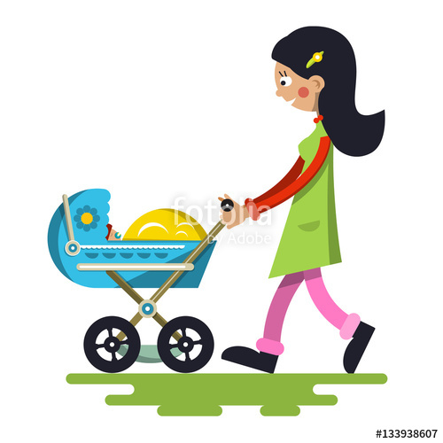 500x500 Young Mother With Baby On Pram Vector Lady Cartoon Isolated