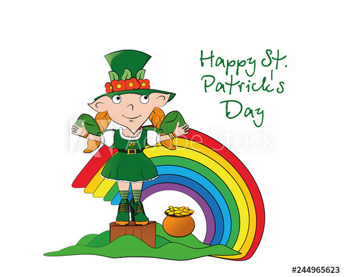 500x403 Vector Leprechaun Girl On Stump With A Pot Of Gold Coins Near