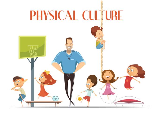 653x490 Physical Culture Lesson Retro Cartoon Illustration Vector