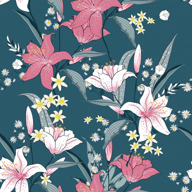 626x626 Blooming Seamless Pattern With White And Pink Lilly Vector Vector