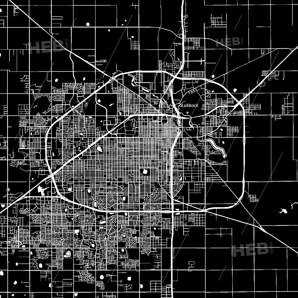 1000x1000 Lubbock, Texas, Downtown Map, Dark Hebstreits Sketches